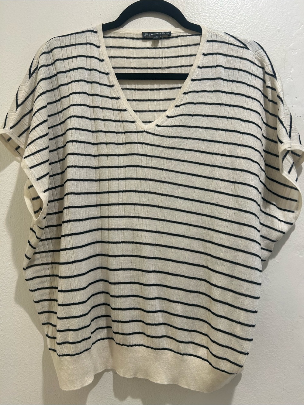 Striped V-Neck Knit Top - Cream with Black Stripes